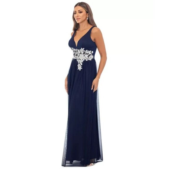 Betsy & Adam Women's Embroidered-Waist Sheath Party Maxi Dress Gown SilverNavy 2 - Picture 2 of 9
